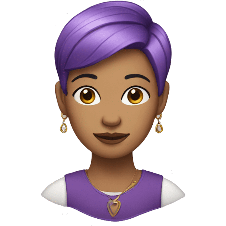 A woman with short purple hair. With an earring in the center of the nose and ear emoji