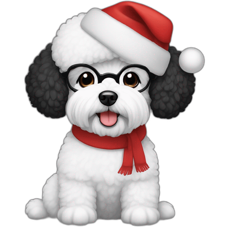 woman-black hair-glasses-bichon dog-sitting-christmas hat emoji