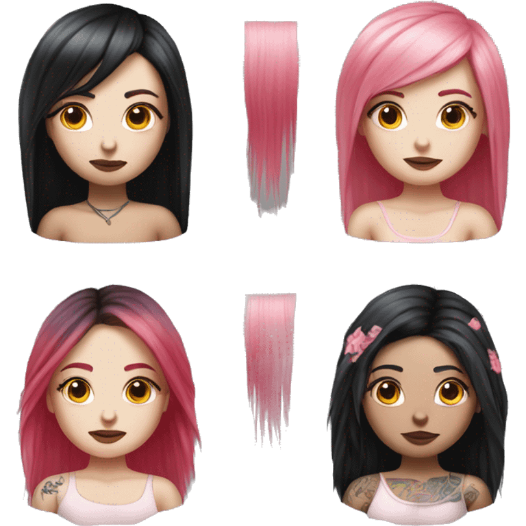 Hyperrealistic girl with pale skin and tattoos, has long black hair with red and pink fringe and highlights emoji