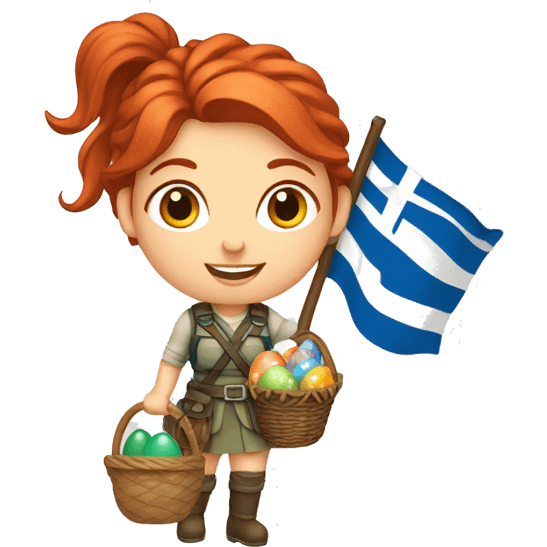 red hair female winter mountaineer with Greek flag and easter basket emoji