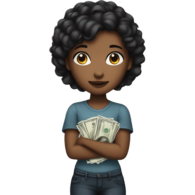 Girl with brown skin and black hair holding a dollar emoji