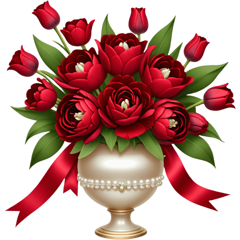 "A luxurious bouquet featuring deep red roses, vibrant red tulips, lush red peonies, and delicate red pansies, all tied together with elegant pearl-colored silk ribbons, arranged in a stunning crimson glass vase, set against a softly lit background."
 emoji