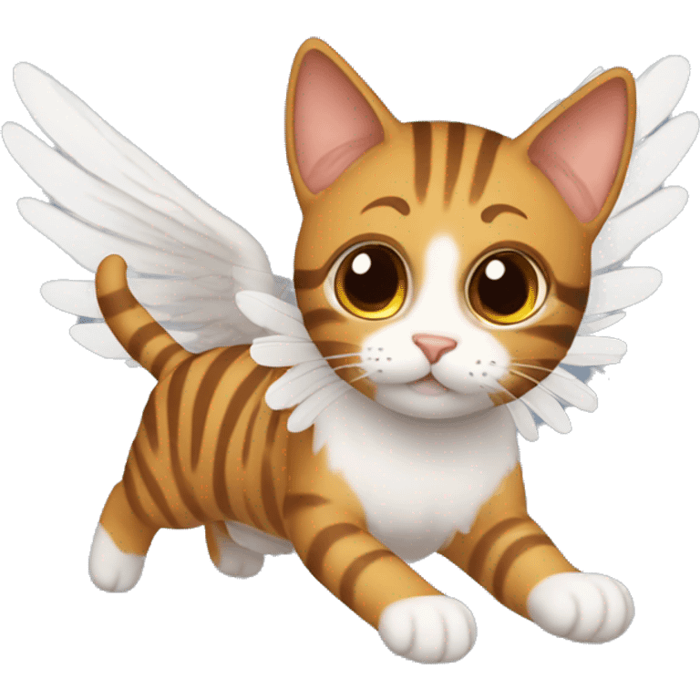 An adult and totally brown striped cat with angel’s wings. The fur is without White color. The cat is flying.  emoji