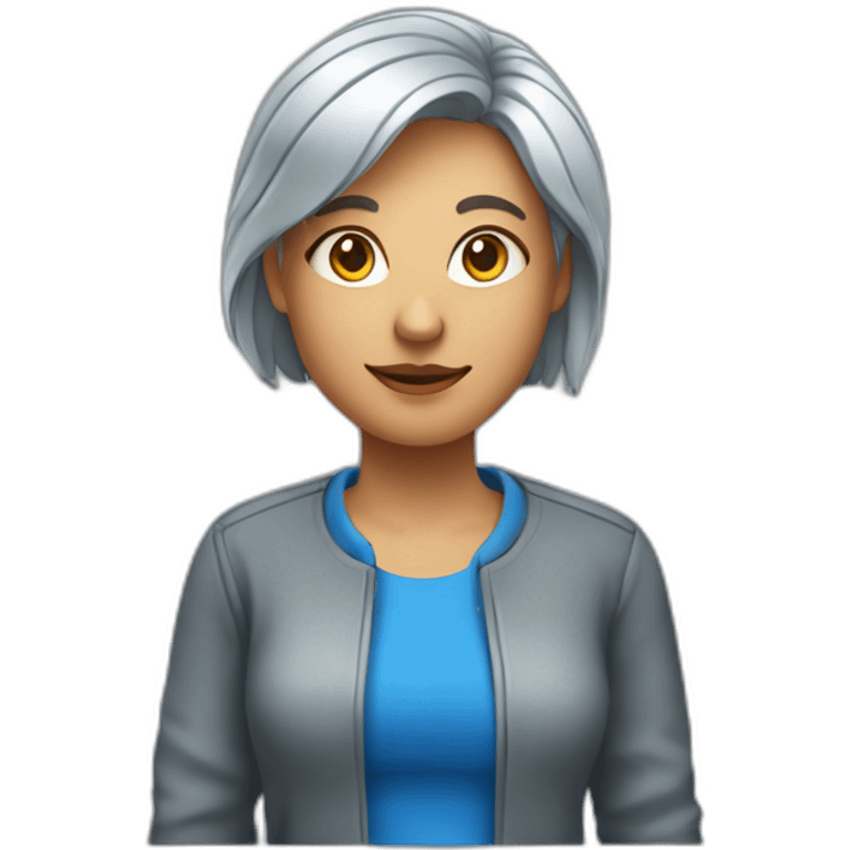 femme âgé au cheveux court gris, avec un tshirt rayé et une veste bleu foncé ouverte emoji