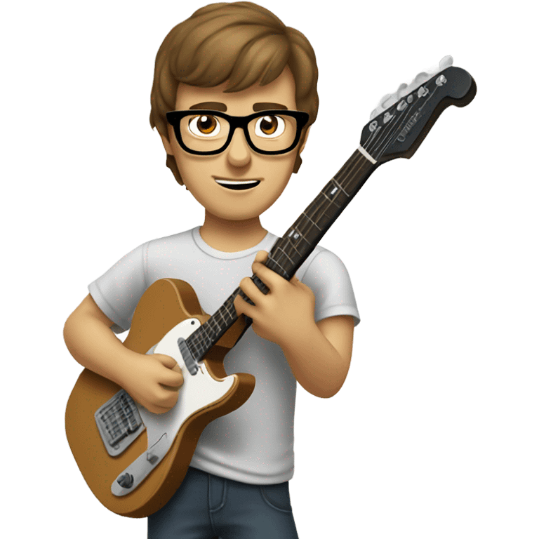 A nerdy guy with glasses and short brown hair playing a telescaster emoji