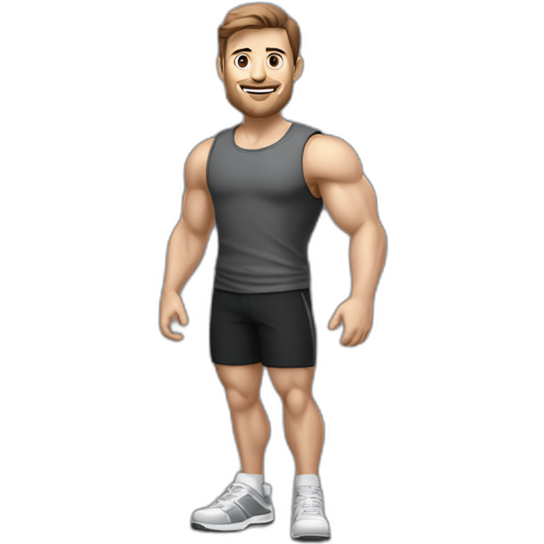 Full height realistic Actively gesturing with hands Pale skinned Fit Man With the biceps and brown hair in dark gray Sleeveless Mike, black oversize sports shorts, watch and white Sneakers emoji