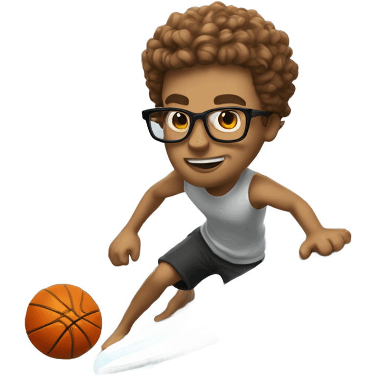 White guy with glasses and short curly hair surfing and spinning a basketball all while being half shark emoji