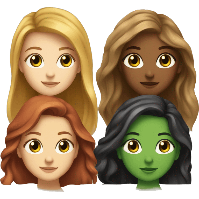 4 girls: one with long brown hair brown eyes, one with medium dark blonde hair green eyes, one with long red hair green eyes, and one with long black hair brown eyes  emoji