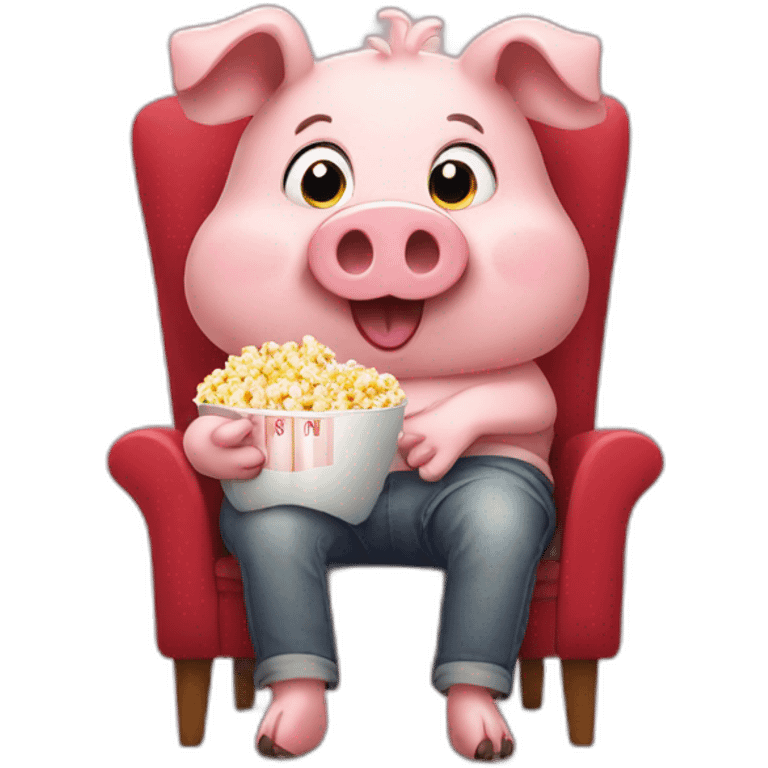 Funny pig sitting on a chair eating popcorn emoji