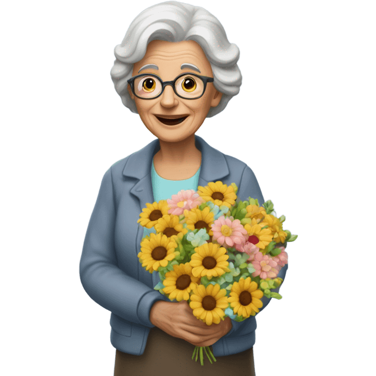 70 years old women with flower and balloon emoji