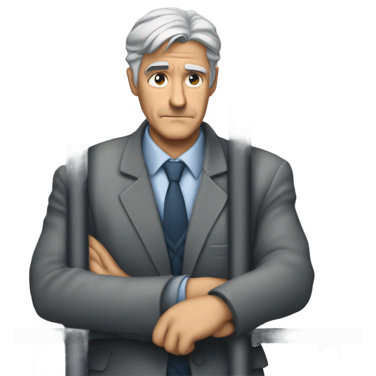 Create an emoji-style image of a gray-haired man in a suit behind jail bars, looking solemn. emoji