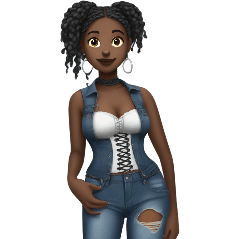 Black girl with braids posing full body jeans corset top emoji