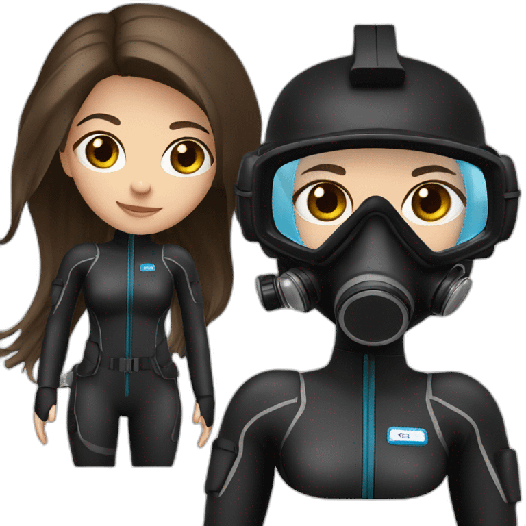 a woman with an a black scubadiver suit. she wear a pink diving mask, she has blue eyes inside the dive mask. brown long and straight hair emoji