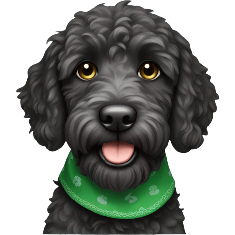 mini black labradoodle dog with green bandana around neck emoji