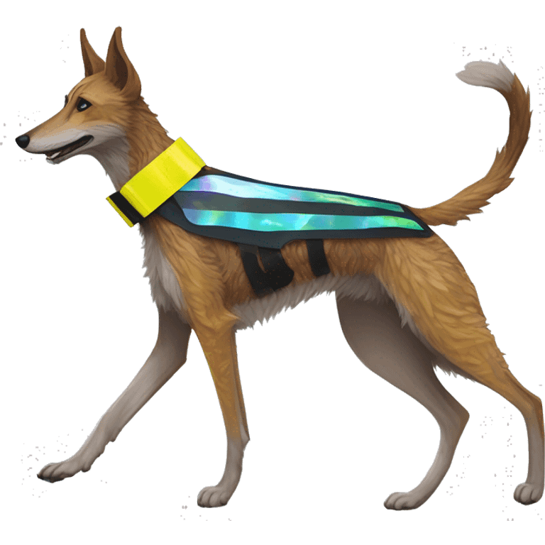  brindle brown black maroon striped lurcher Alsatian fox running blue eyes and iridescent holographic oilslick harness wearing paper iridescent tropical flower crown yellow caution tape emoji