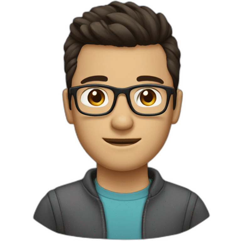 it guy with top knot hair cut, dark brown hair, dark brown eyes, has square glasses on emoji