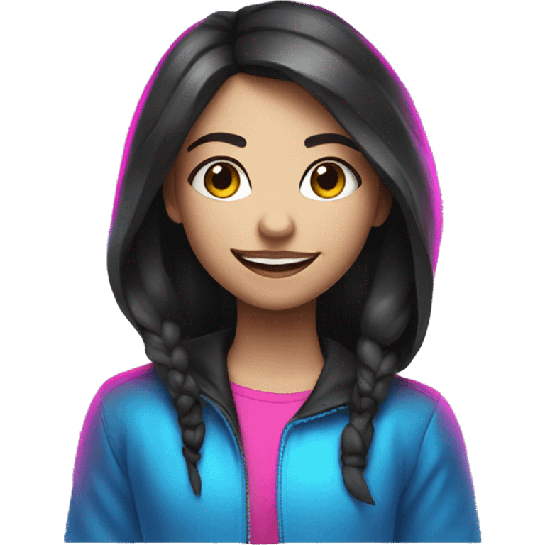 Girl, dark hair, neon pink blue, music, smile, emoji, cartoon, futuristic  emoji