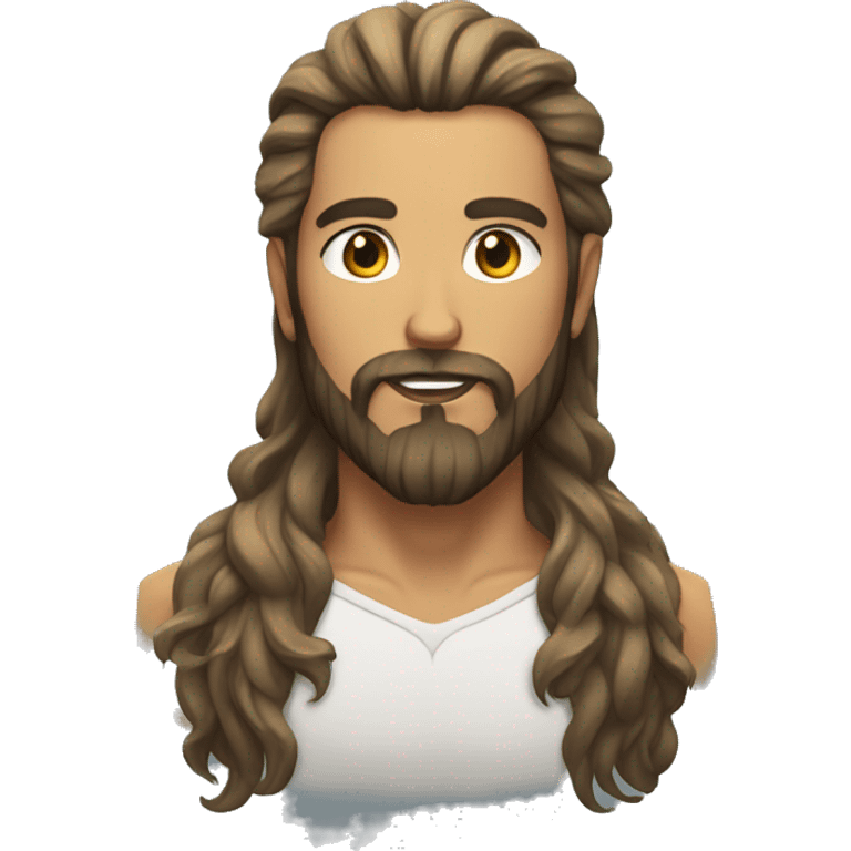 man with beard, long hair, tan skin, trident tattoo on the neck emoji