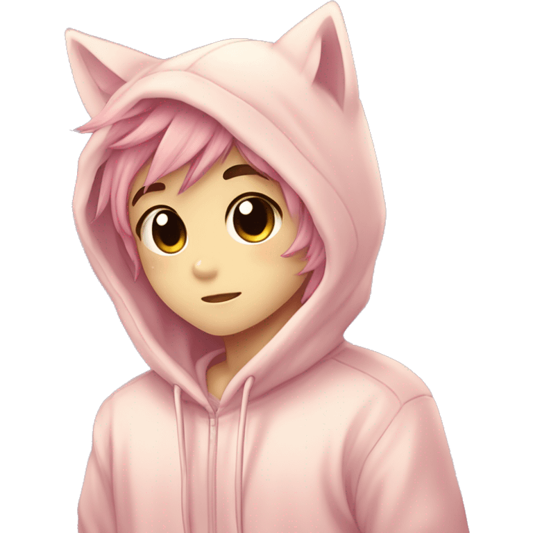 Cute Kawaii Beautiful Gorgeous Sparkly Shiny Blushing Anime Style Romantic Shojo Catboy Man Guy With Pretty Hair And Hoodie Trendy Style Outside emoji