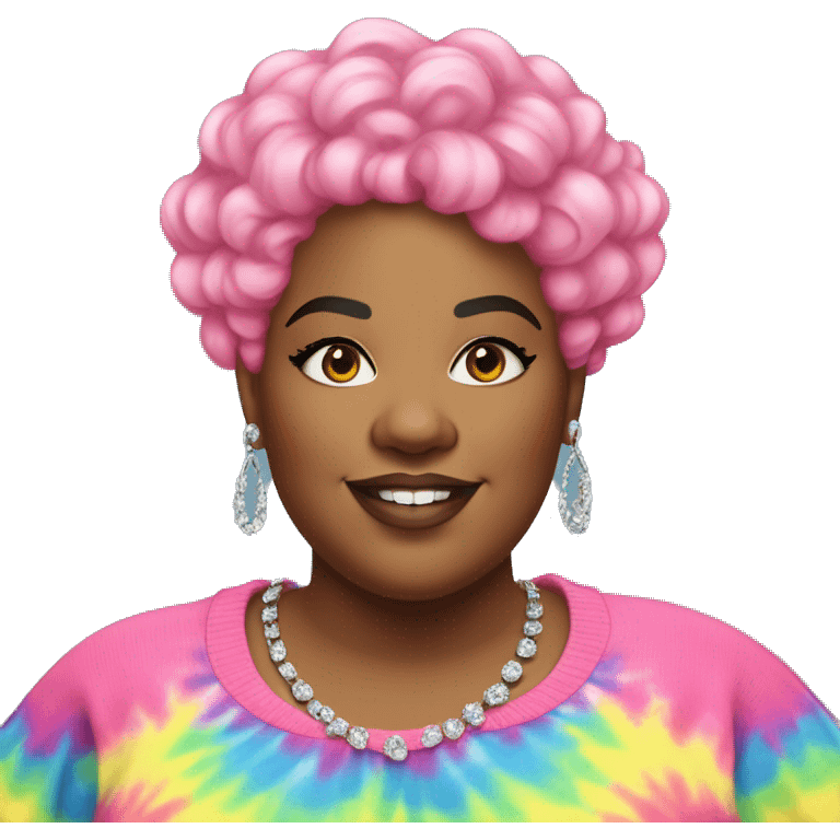 Large Plus size black woman with pink curly pixie cut hair and a rainbow tie dye sweater , and diamond stud earrings  emoji