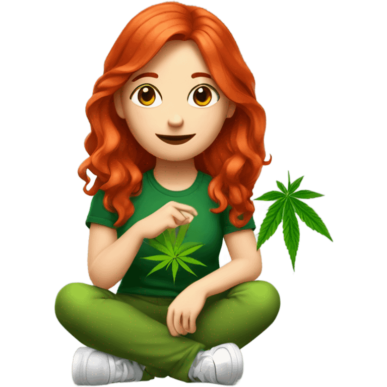 female vibrant red hair, sitting, holding marijuana leaf  emoji