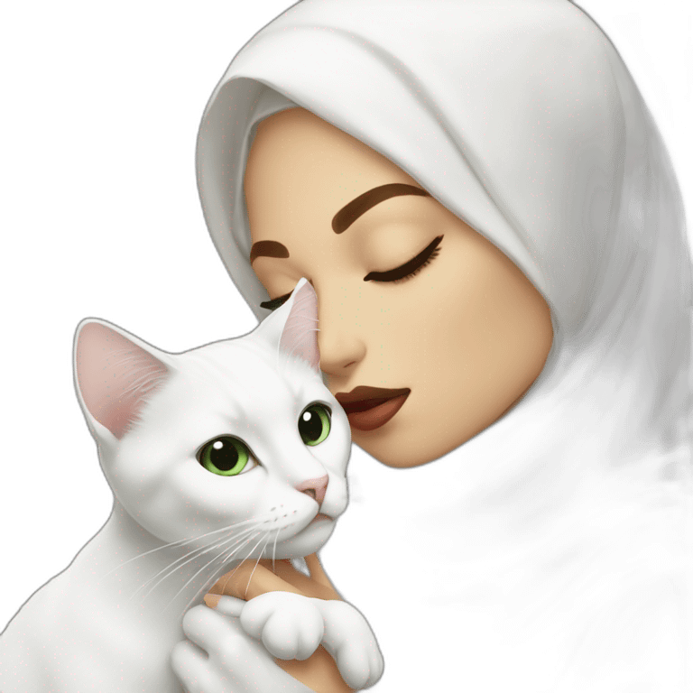 Hijab women kissing white cat emoji