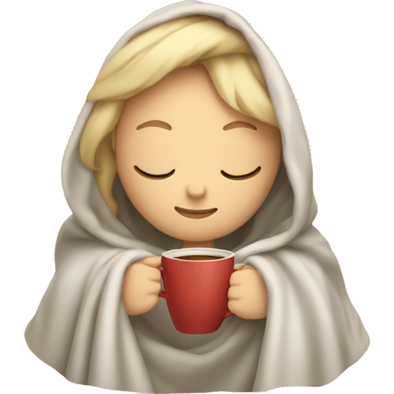 Blond girl inside a blanket sipping coffee eyes closed emoji