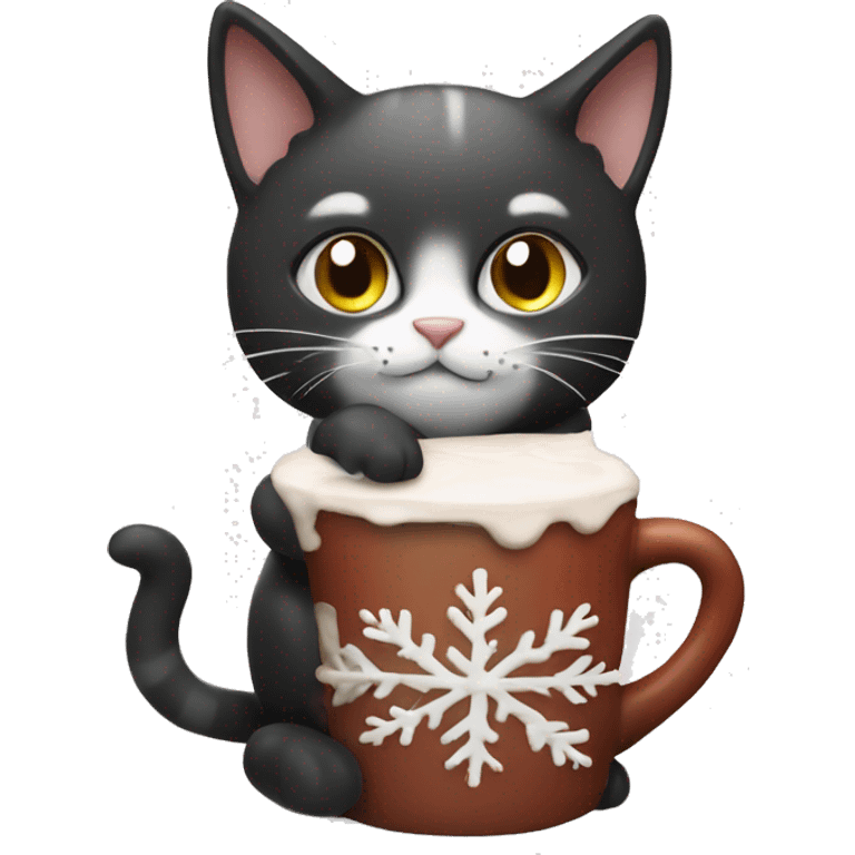 Christmas cat black and White with hot chocolate  emoji