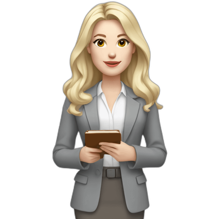 pale skin woman interior designer with cold blonde straight middle length hair, White blouse, Gray oversize jacket, Gray skirt holding a color palette in the hands emoji