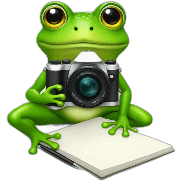 a green frog with a camera around his neck and a pen and pad for writing articles emoji