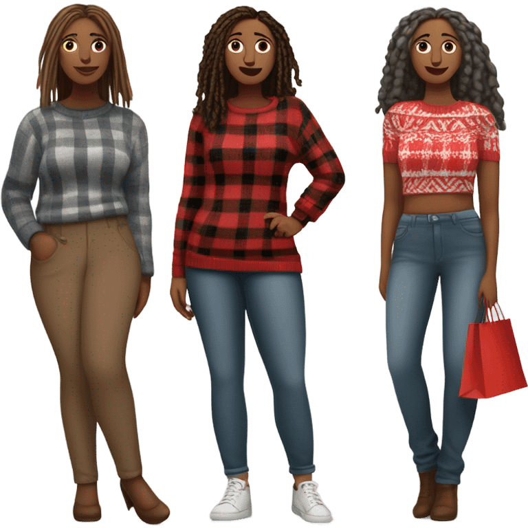 Curvy woman gray locs in pants shopping.  Another curvy woman is brown with red locs in a skirt with plaid sweater shopping emoji