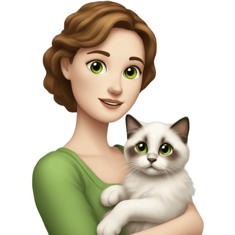 white woman with medium-length brown hair, green eyes and freckles on her nose, holding her birman kitten in her arms with much love, the baby cat has a lot of spots of dark on ears and middle of the face and blue eyes. emoji