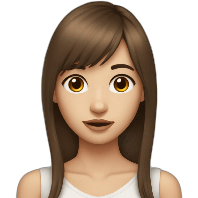 long brown hair skinny girl with long side bangs, thin face and makeup from head to chest emoji