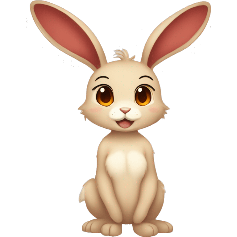 Cute, Anthro, Sona, Dark-Brown, Normal-type-Ground-type Tan-Rabbit-Fakémon with Dark-Red eyes, beige ears, beige belly, beige paws, beige feet, beige freckles, full body emoji