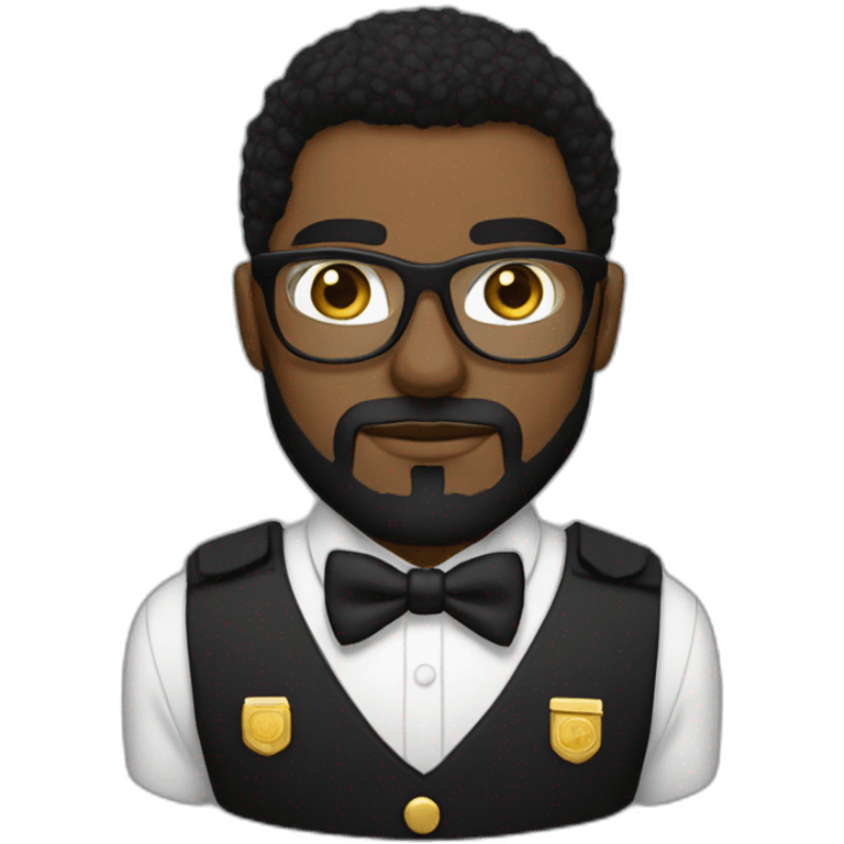 black soldier with beard, part in black hair, white collared shirt, bow tie, gold frame glasses, bulletproof vest  emoji