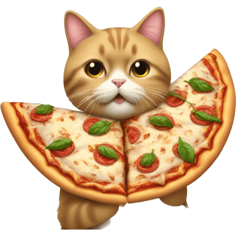 Un chat rose en tutu qui mange une pizza emoji