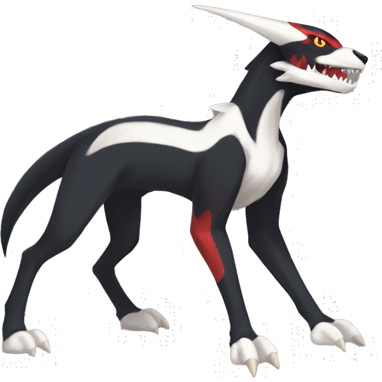 Black Cool Edgy Nargacuga-Houndoom-Garchomp Fakémon with Red and white Edgy markings, full body emoji