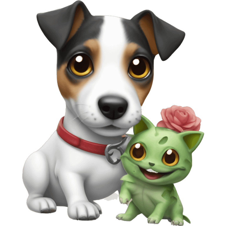 Jack russell terrier with a doll bulbasaur  emoji