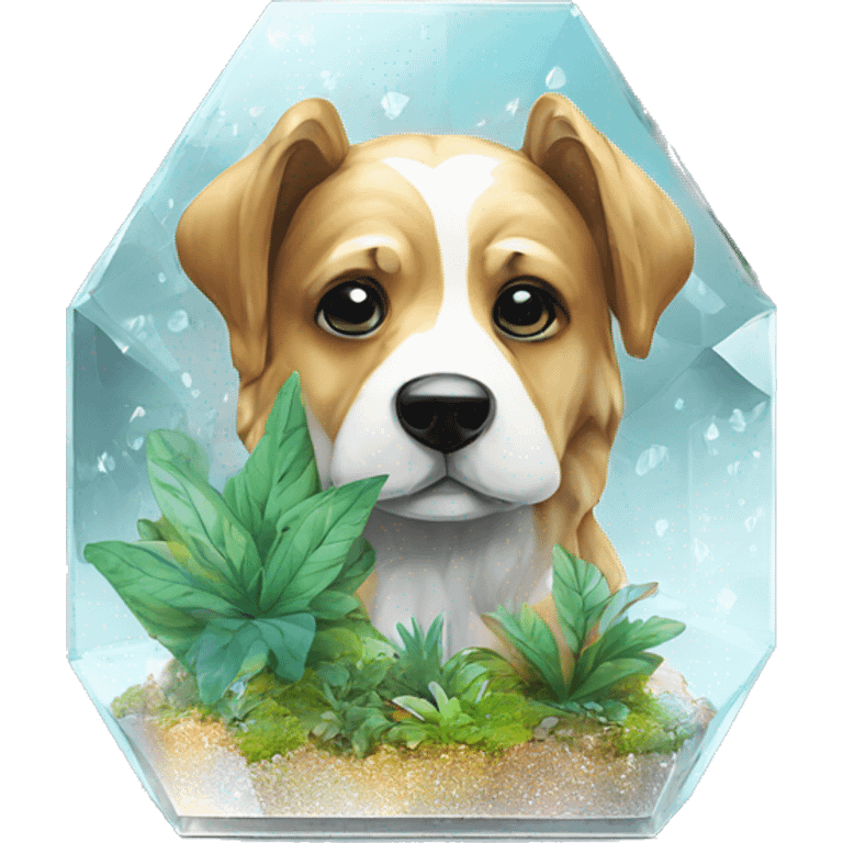 A dog made of glass mirror crystals prisms glass transparent filled with plants as a terrarium with graffiti doodles emoji