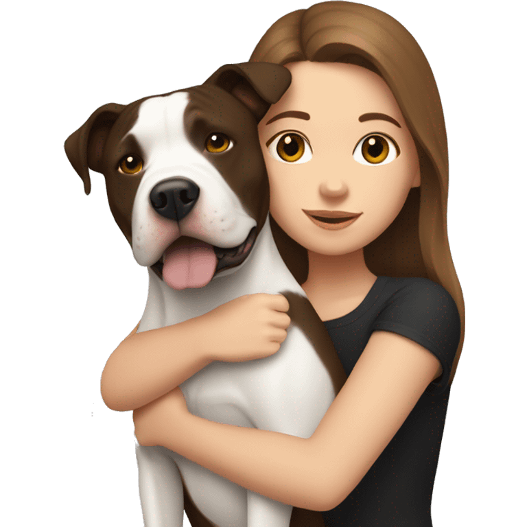 white girl with long brown hair hugging black pitbull emoji