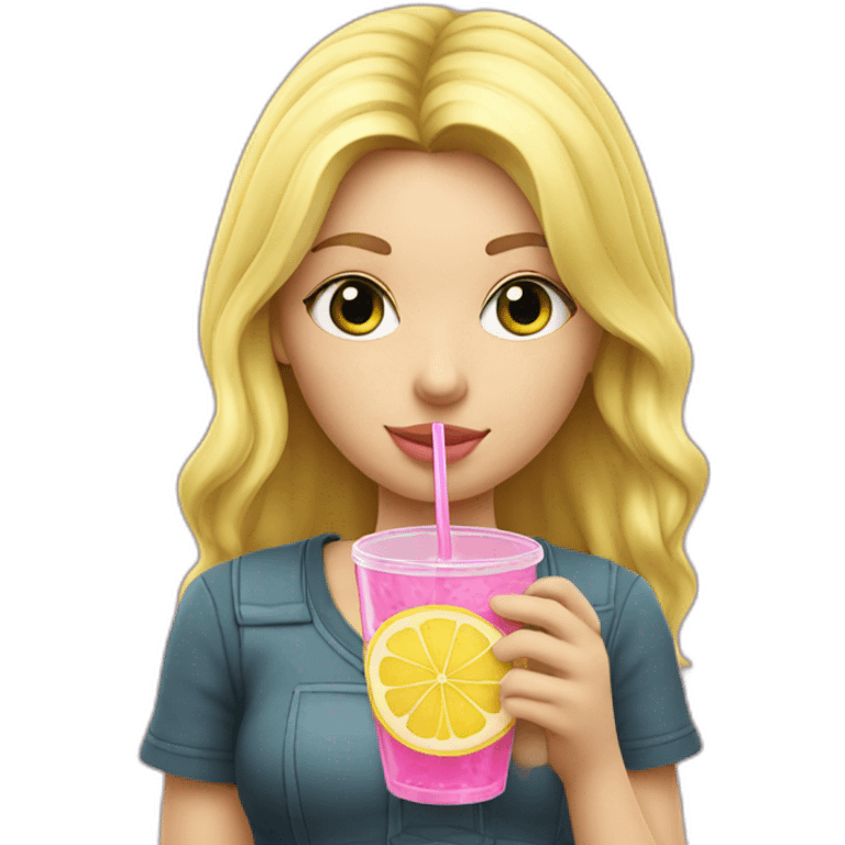 blonde girl straw drinking pink lemonade with one green lemon in the cup, with black watch emoji