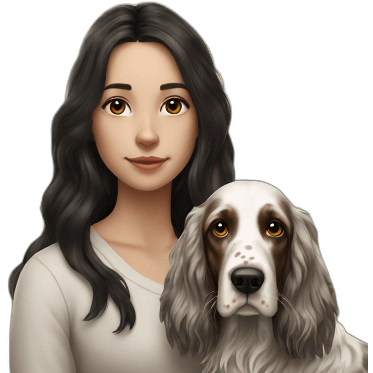 hyperrealist caucasian girl black long hair with brown english setter dog emoji