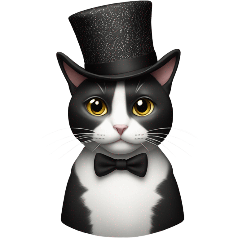 Black & white patterned cat with a top hat emoji