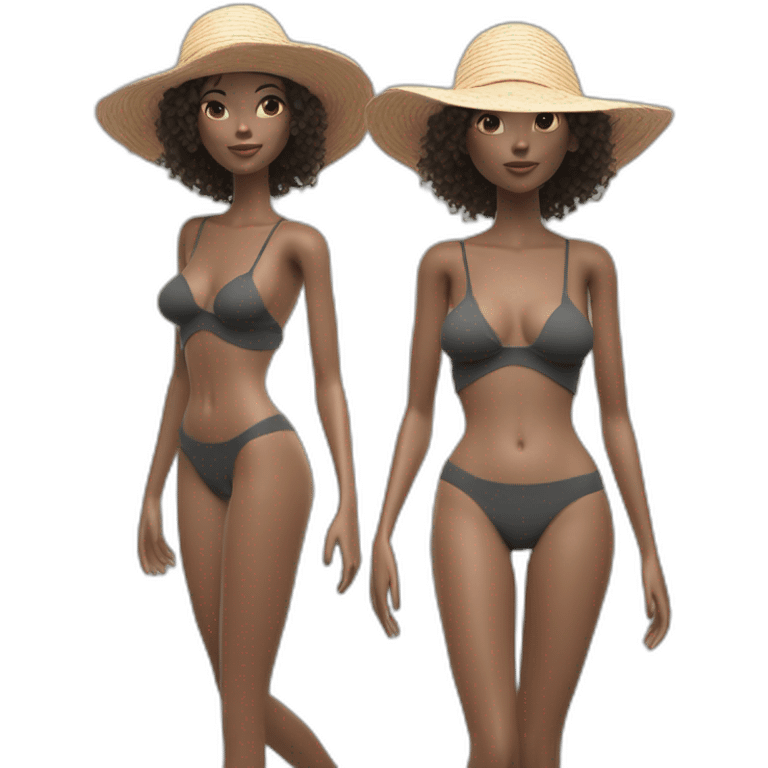 Fashion editorial style octane render, stylized, two shot angle of a (Young Woman, skinny, fit, small breasts, bare belly, with high-leg sexy beach outfit. 1. 3) Elusive hair emoji