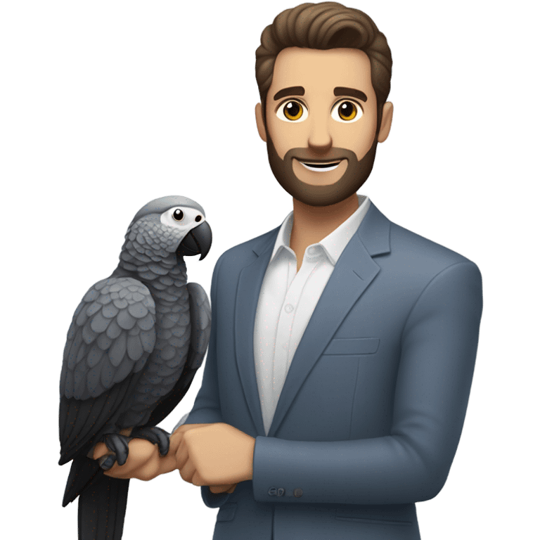 White Man with dark brown pompadour hair and dark brown short beard riding on top of a giant african grey bird emoji