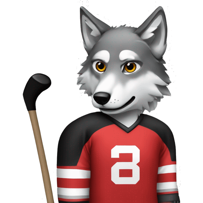 A wolf in a red black and white hockey uniform with a wolf emblem emoji