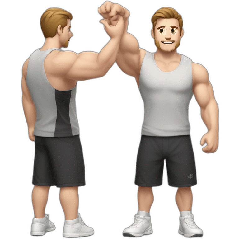 Close up Actively gesturing  with hands Pale skinned Fit Man With the biceps and brown hair in dark gray Sleeveless Mike, black oversize sports shorts, watch and white Sneakers emoji