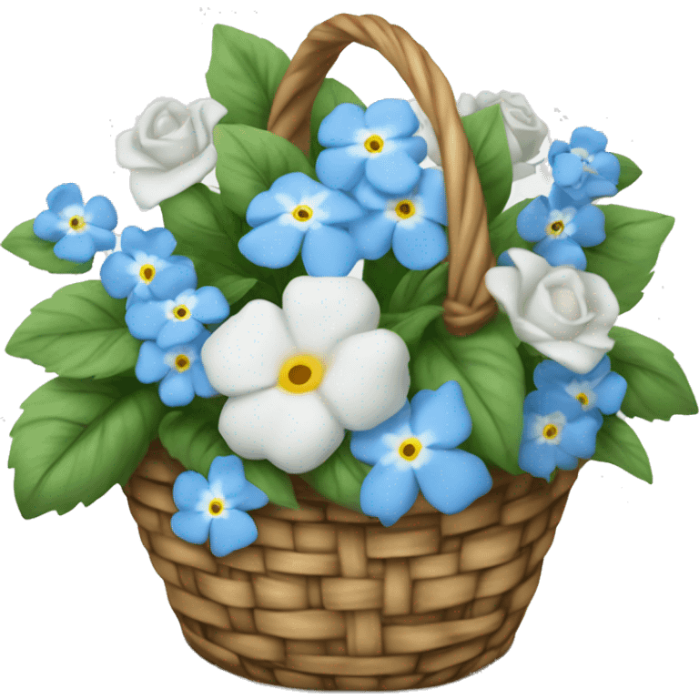 Basket of forget me nots and white roses  emoji