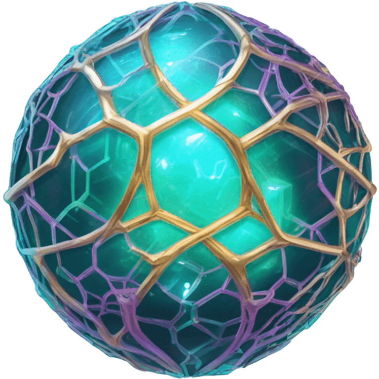 a glowing crystal orb with holographic circuits delicate bioluminescent vines. teal, purple, and gold emoji