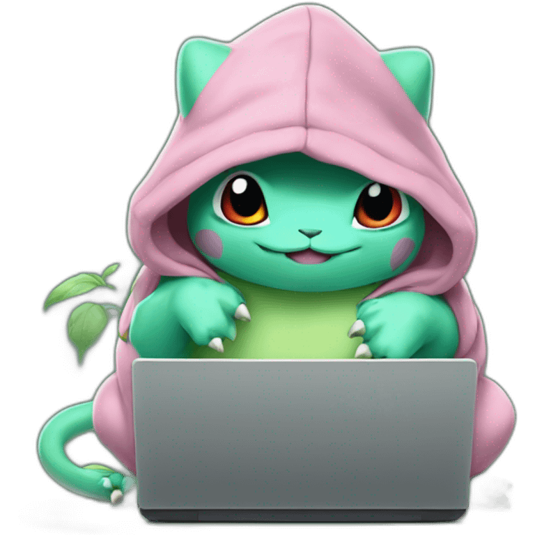 a bulbasaur in a hoodie at a laptop emoji